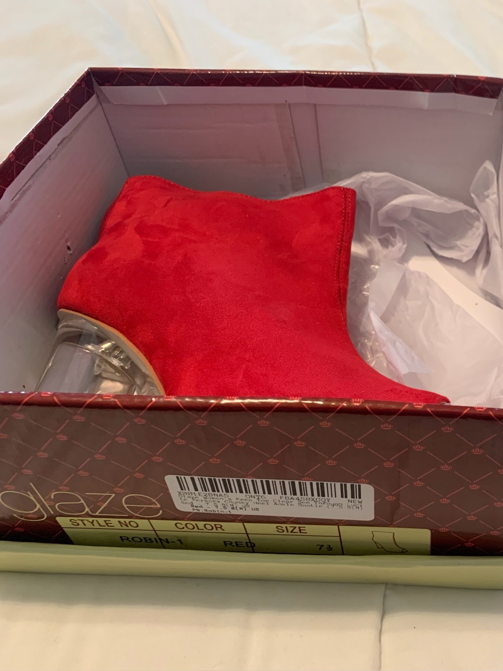 Glaze Red Suede Ankle Booties with Clear Block Heel